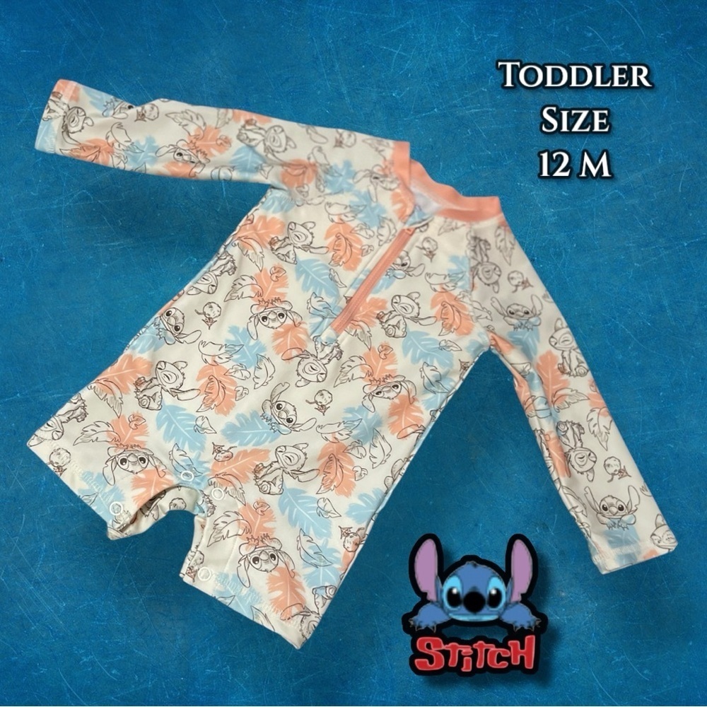 Disney Stitch Toddler Rashguard Swim Suit One Piece - Blue and Orange 12 months